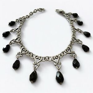 Vintage Silver Scroll Link Bracelet w/ Black Glass Charms | Gothic Romantic